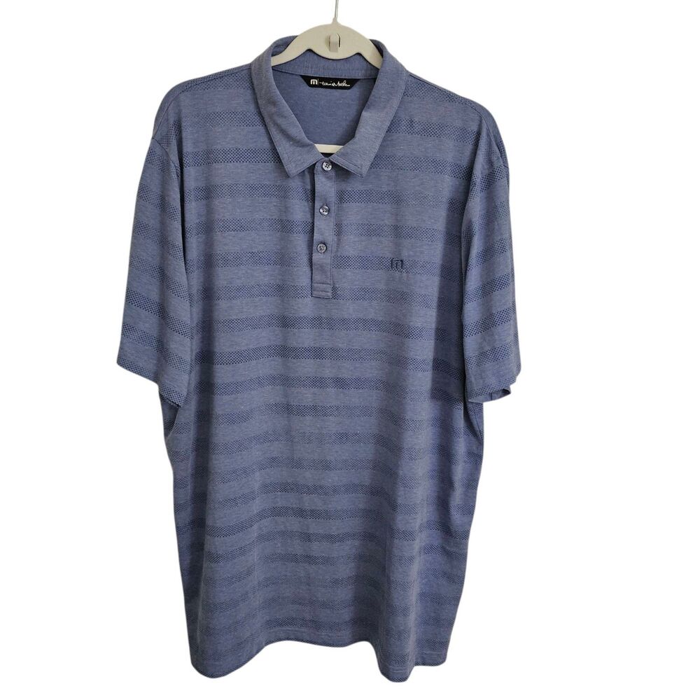 Travis Mathew Polo Shirt Mens XXL Blue Gray Striped Golf Performance Outdoor